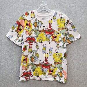 SpongeBob SquarPants Women Top XL White T-Shirt Patrick Squidward Allover Print